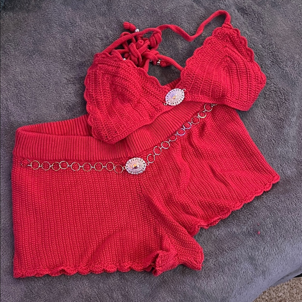 Vibrant Red Knit Bikini with Chain Accent